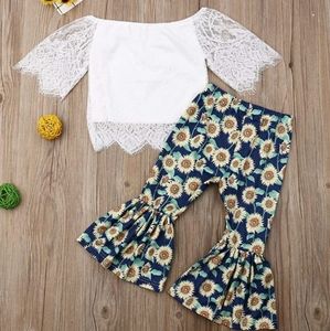 New Retro Girls Sunflower Bell Lace Top Fall Set